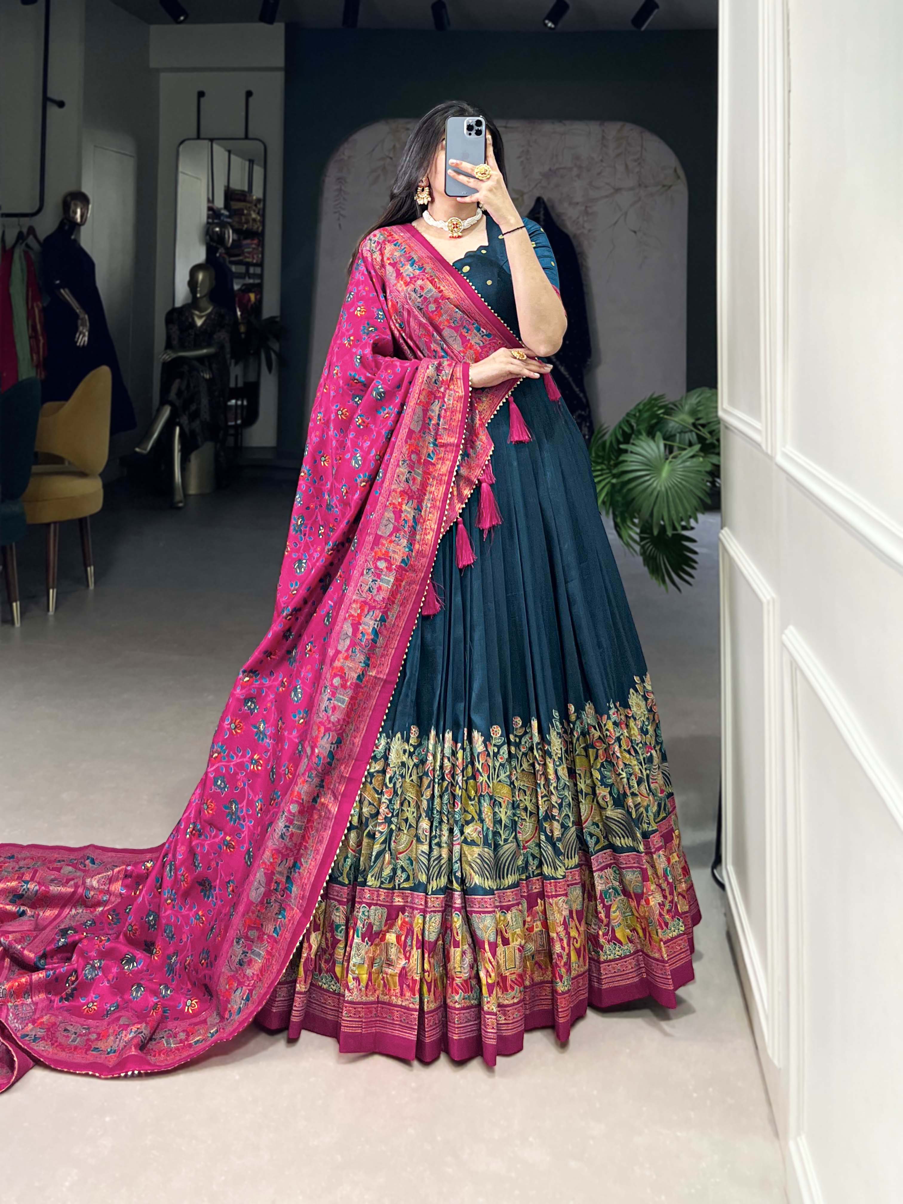 Designer Tussar Silk Lehenga Choli for Navratri | Printed and Foil Work