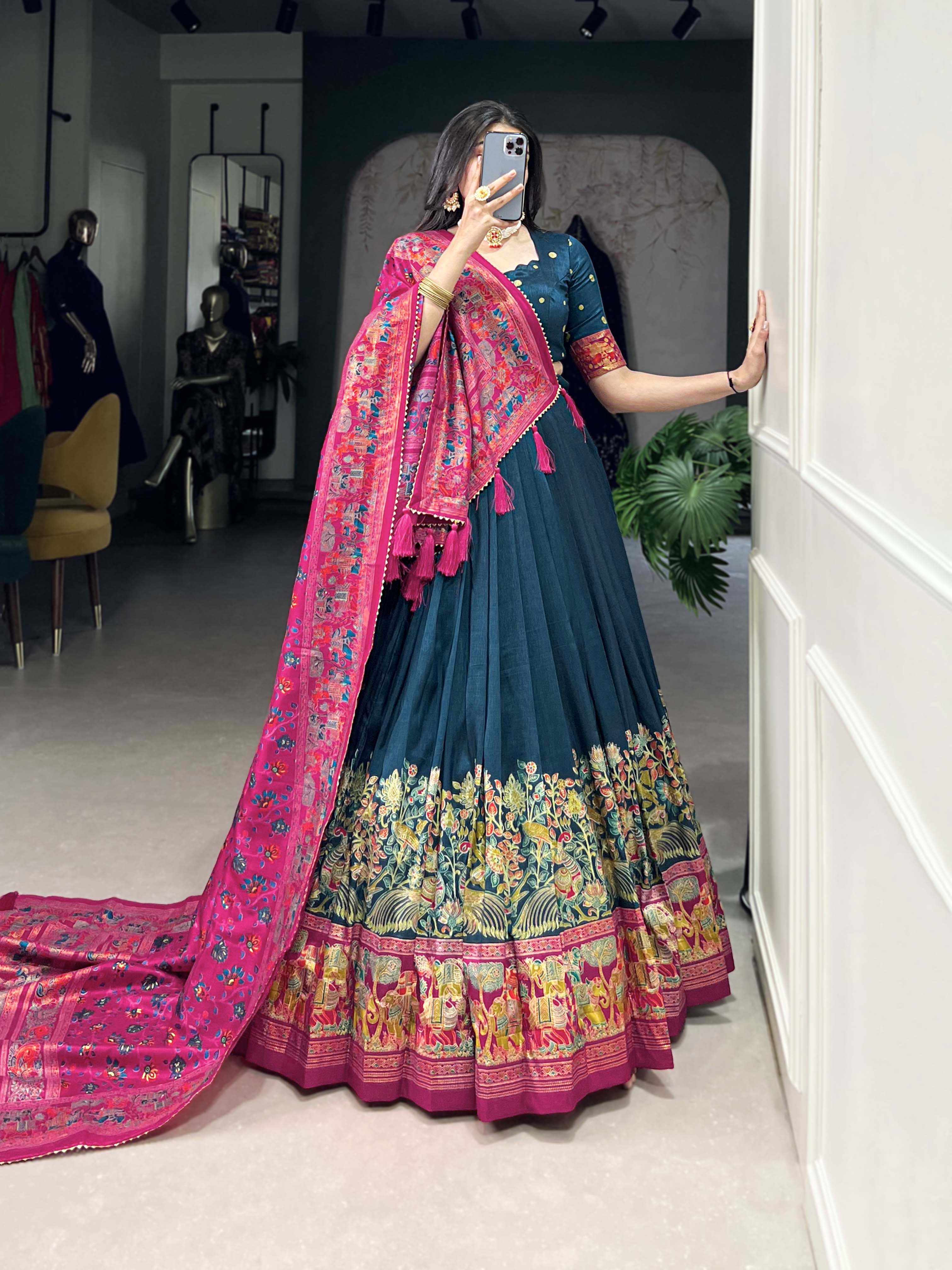 Designer Tussar Silk Lehenga Choli for Navratri | Printed and Foil Work