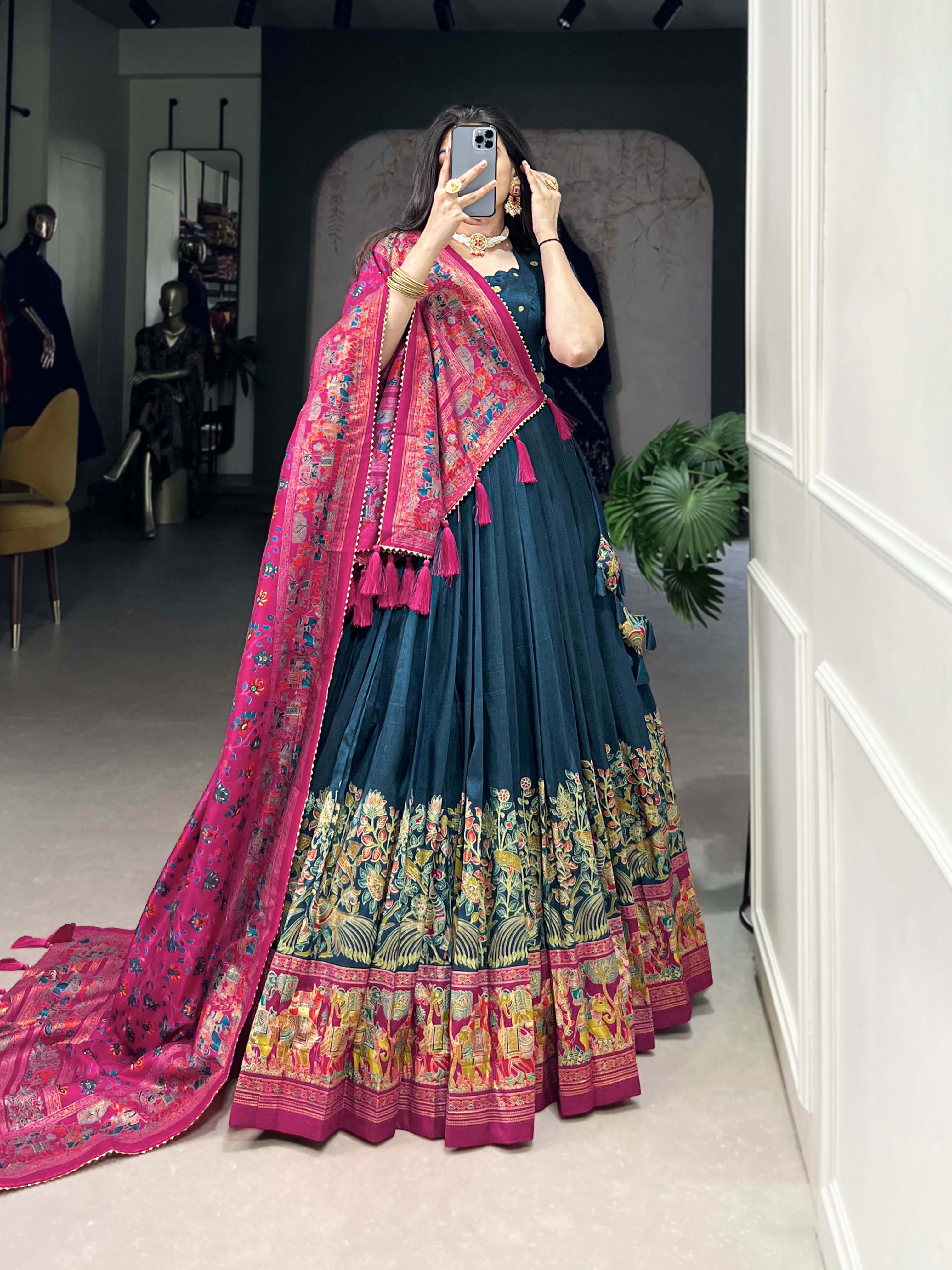 Designer Tussar Silk Lehenga Choli for Navratri | Printed and Foil Work