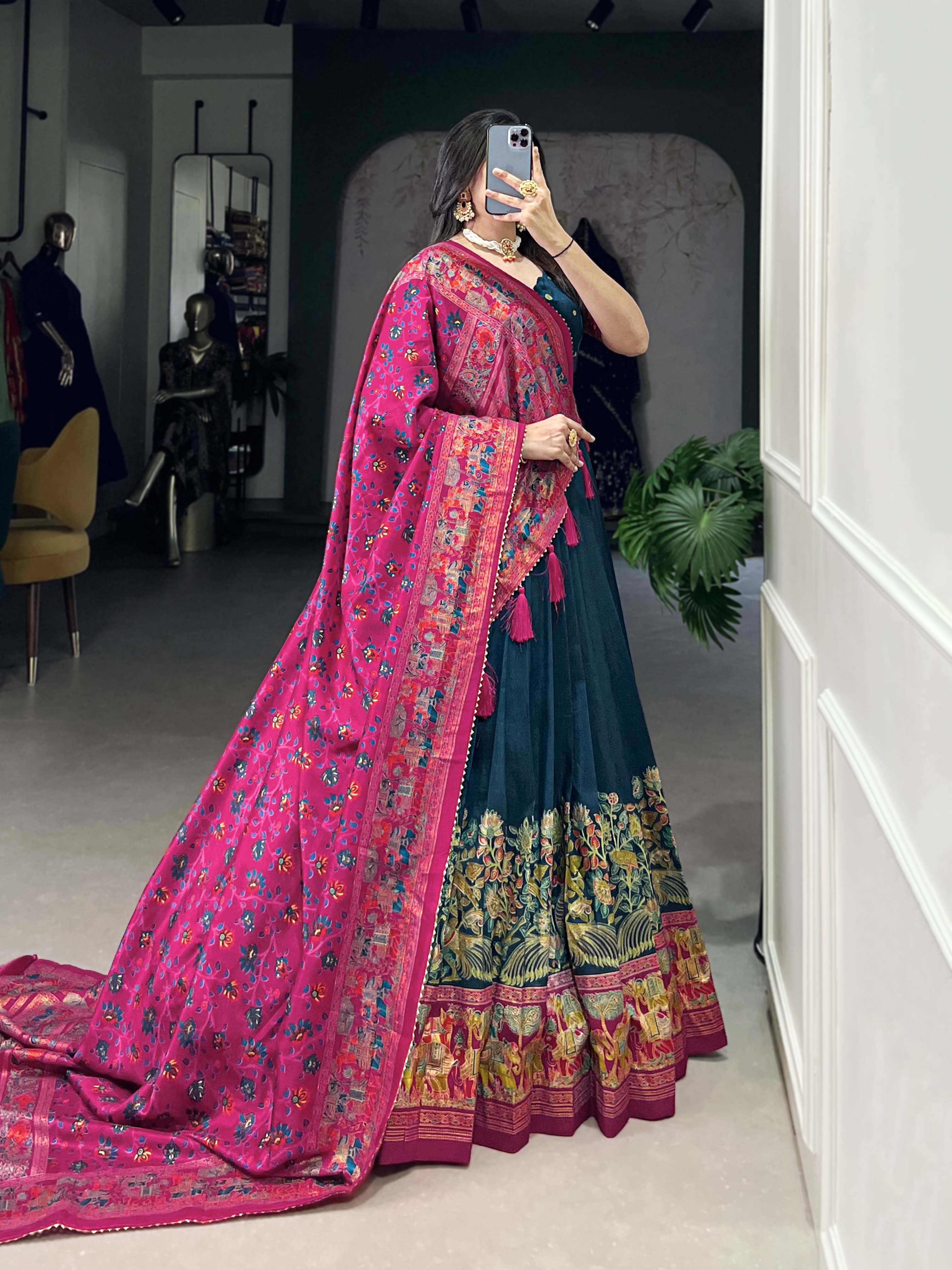 Designer Tussar Silk Lehenga Choli for Navratri | Printed and Foil Work