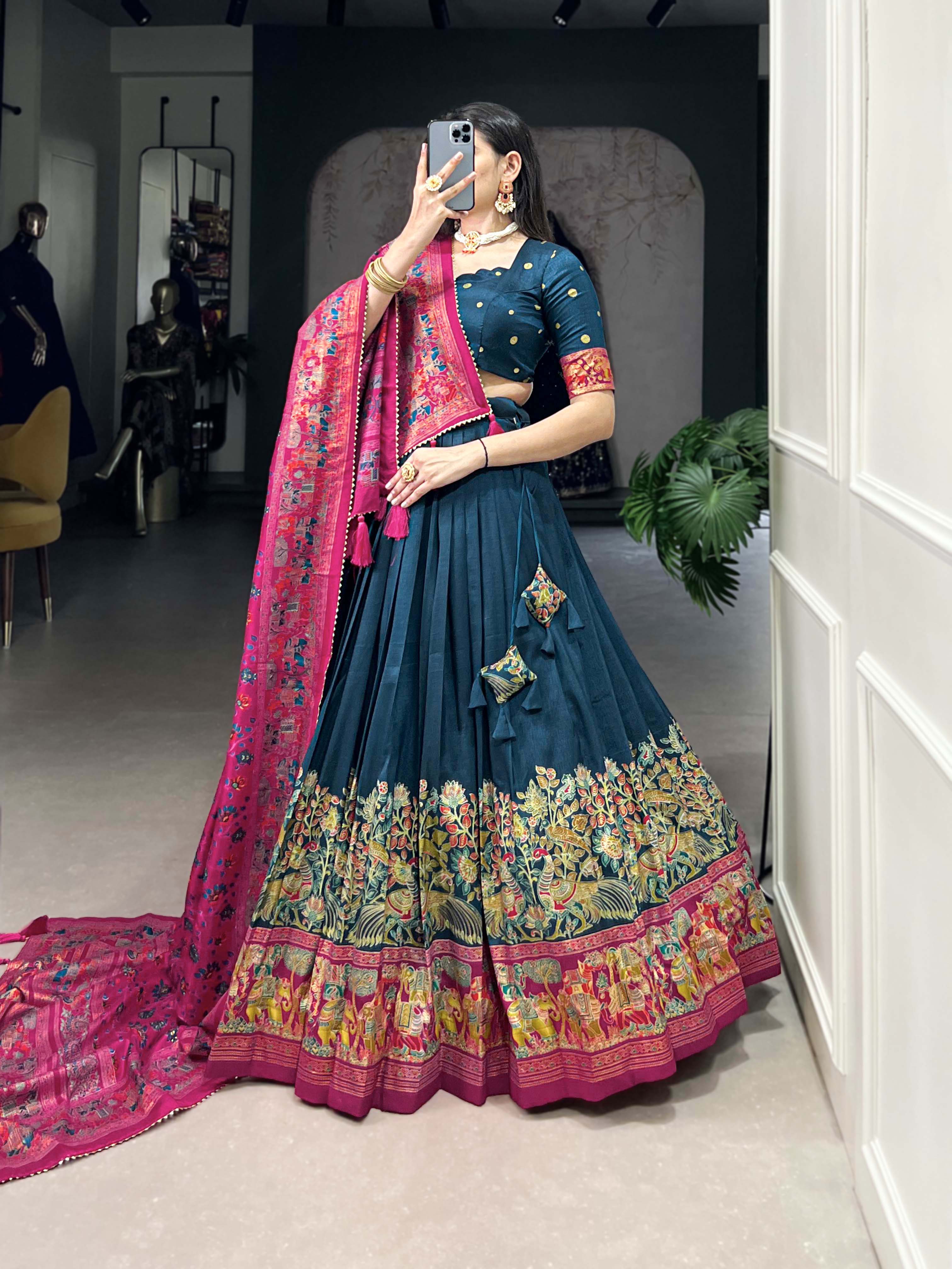 Designer Tussar Silk Lehenga Choli for Navratri | Printed and Foil Work