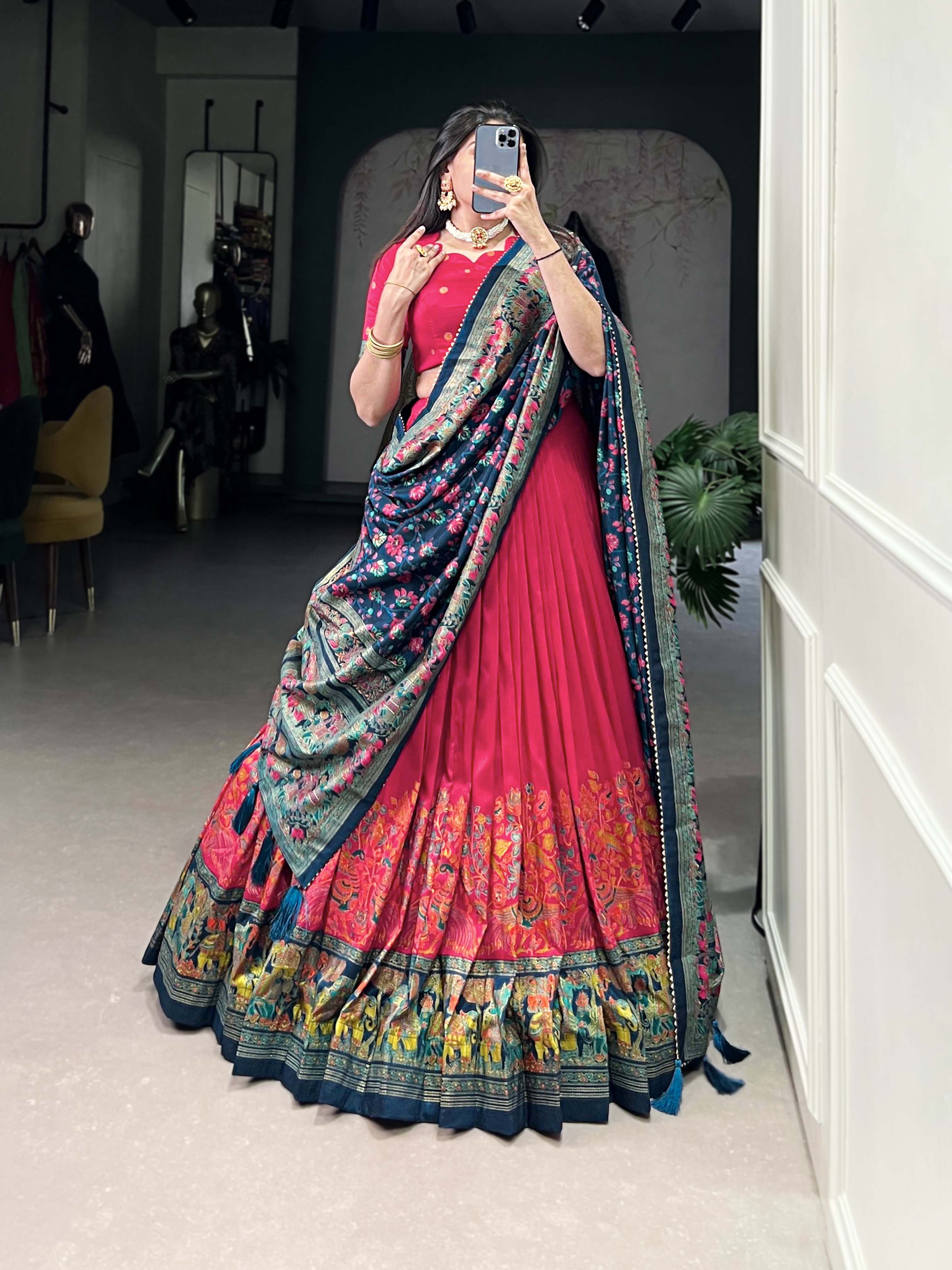 Designer Tussar Silk Lehenga Choli for Navratri | Printed and Foil Work