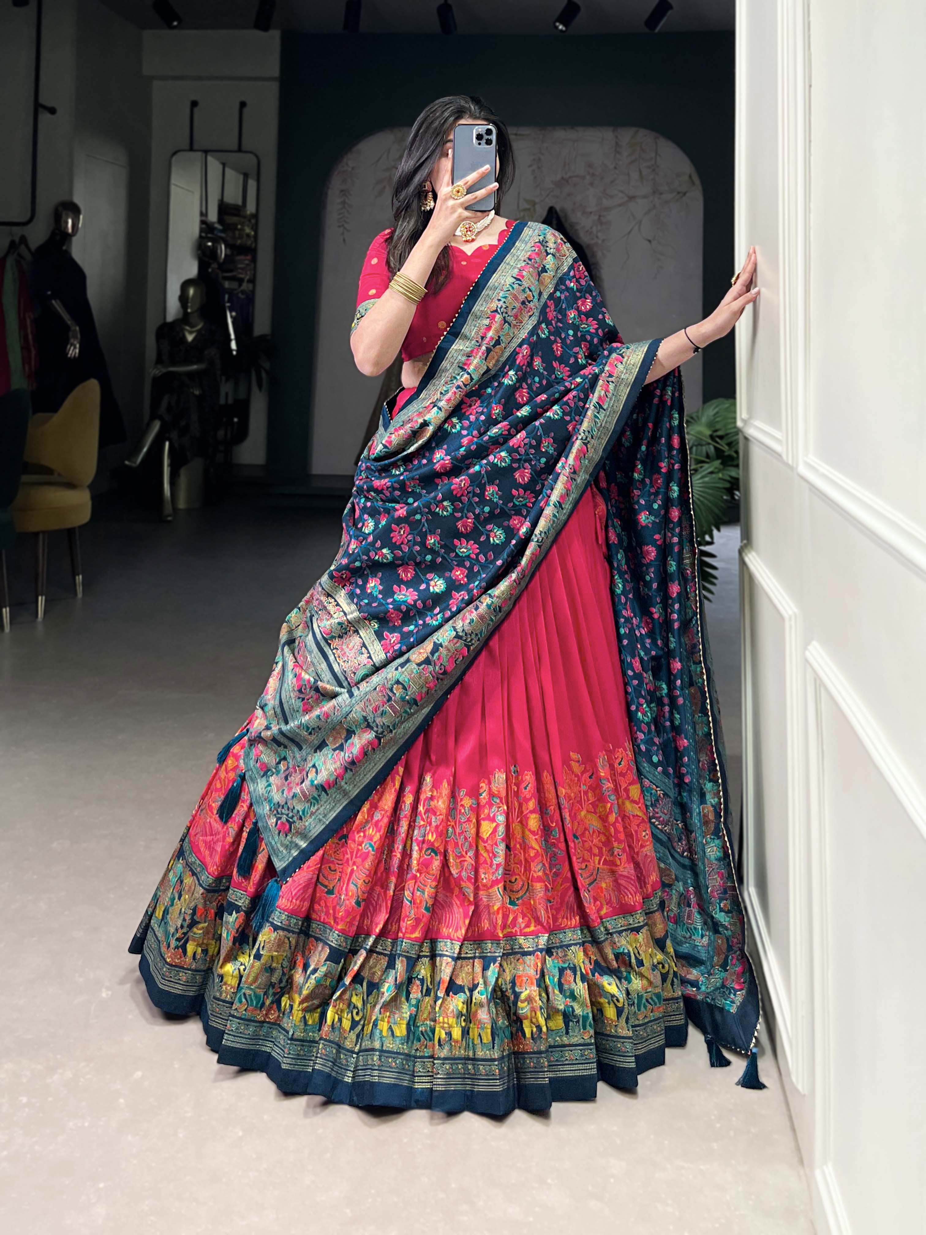 Designer Tussar Silk Lehenga Choli for Navratri | Printed and Foil Work