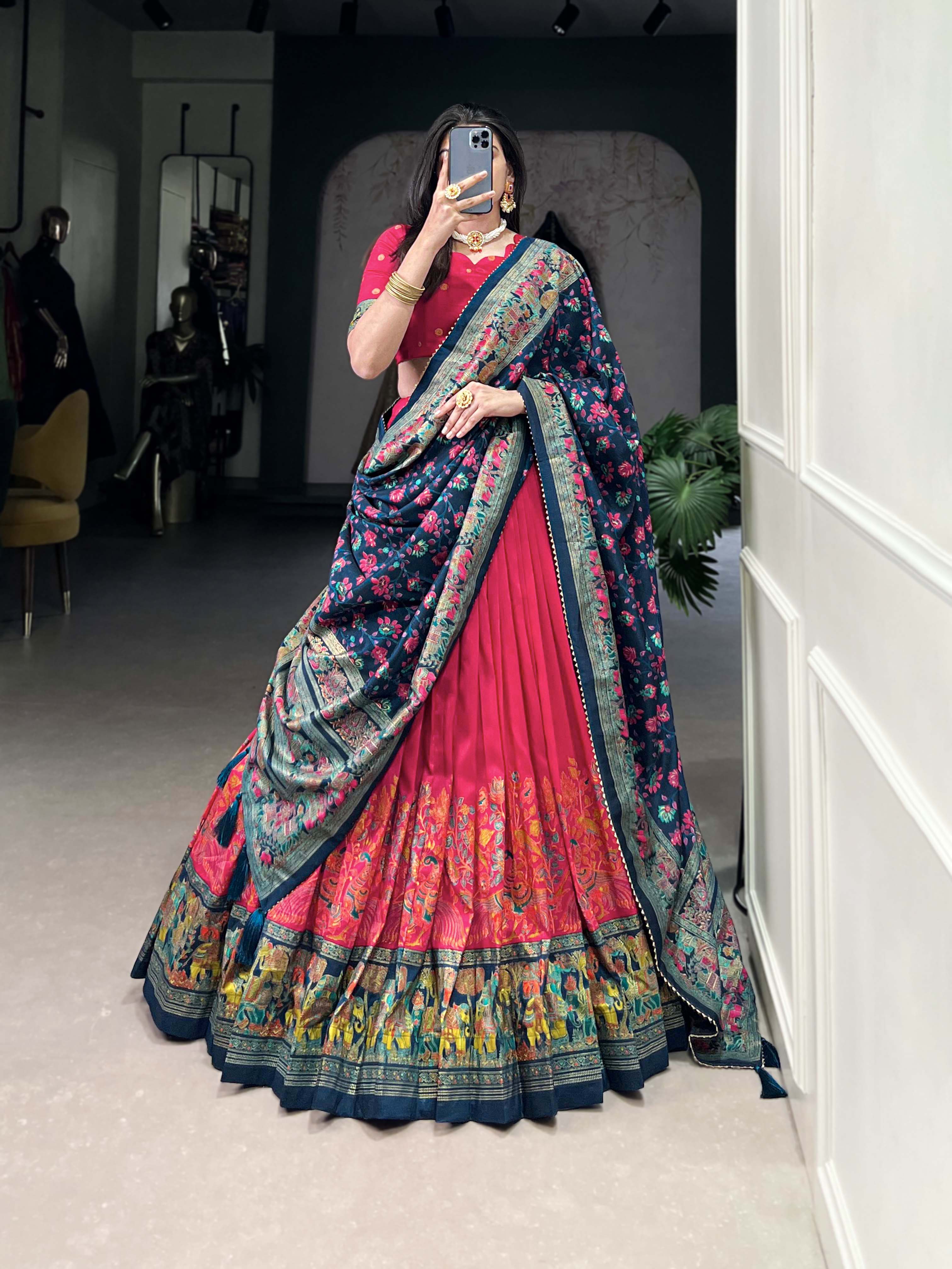 Designer Tussar Silk Lehenga Choli for Navratri | Printed and Foil Work