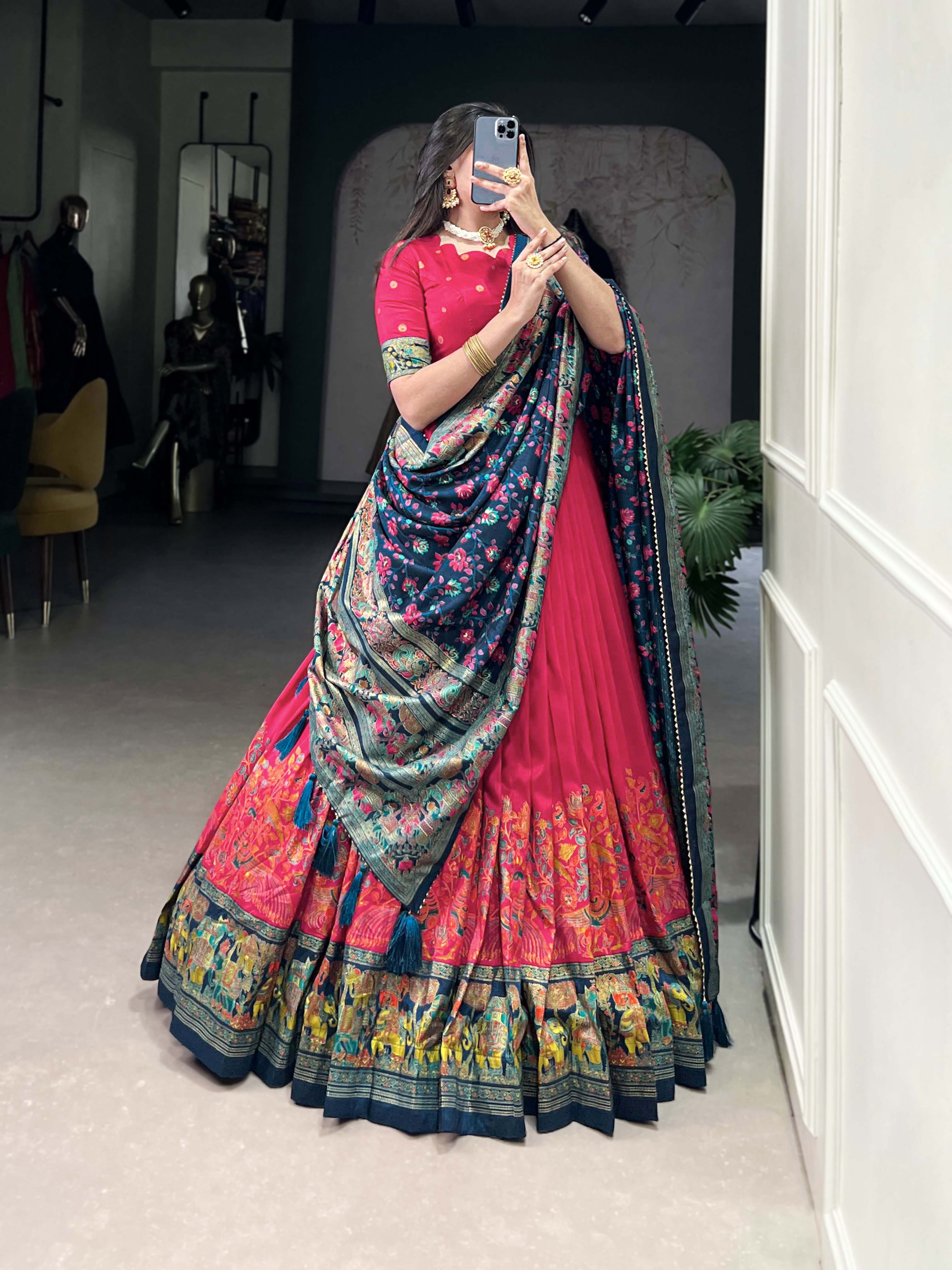 Designer Tussar Silk Lehenga Choli for Navratri | Printed and Foil Work
