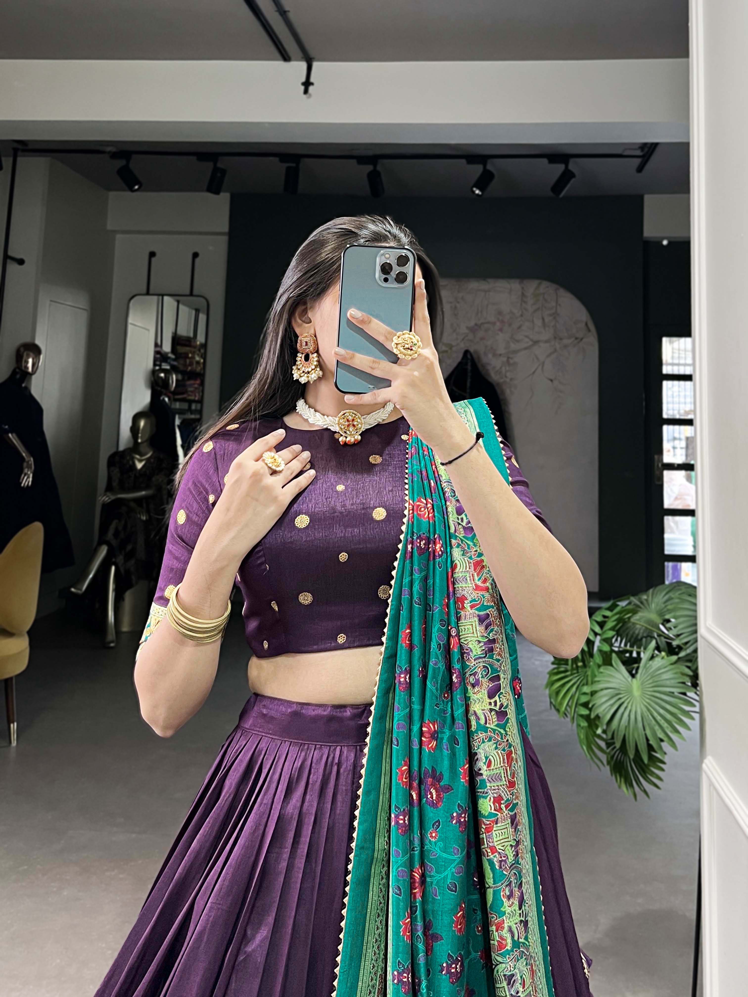 Designer Tussar Silk Lehenga Choli for Navratri | Printed and Foil Work