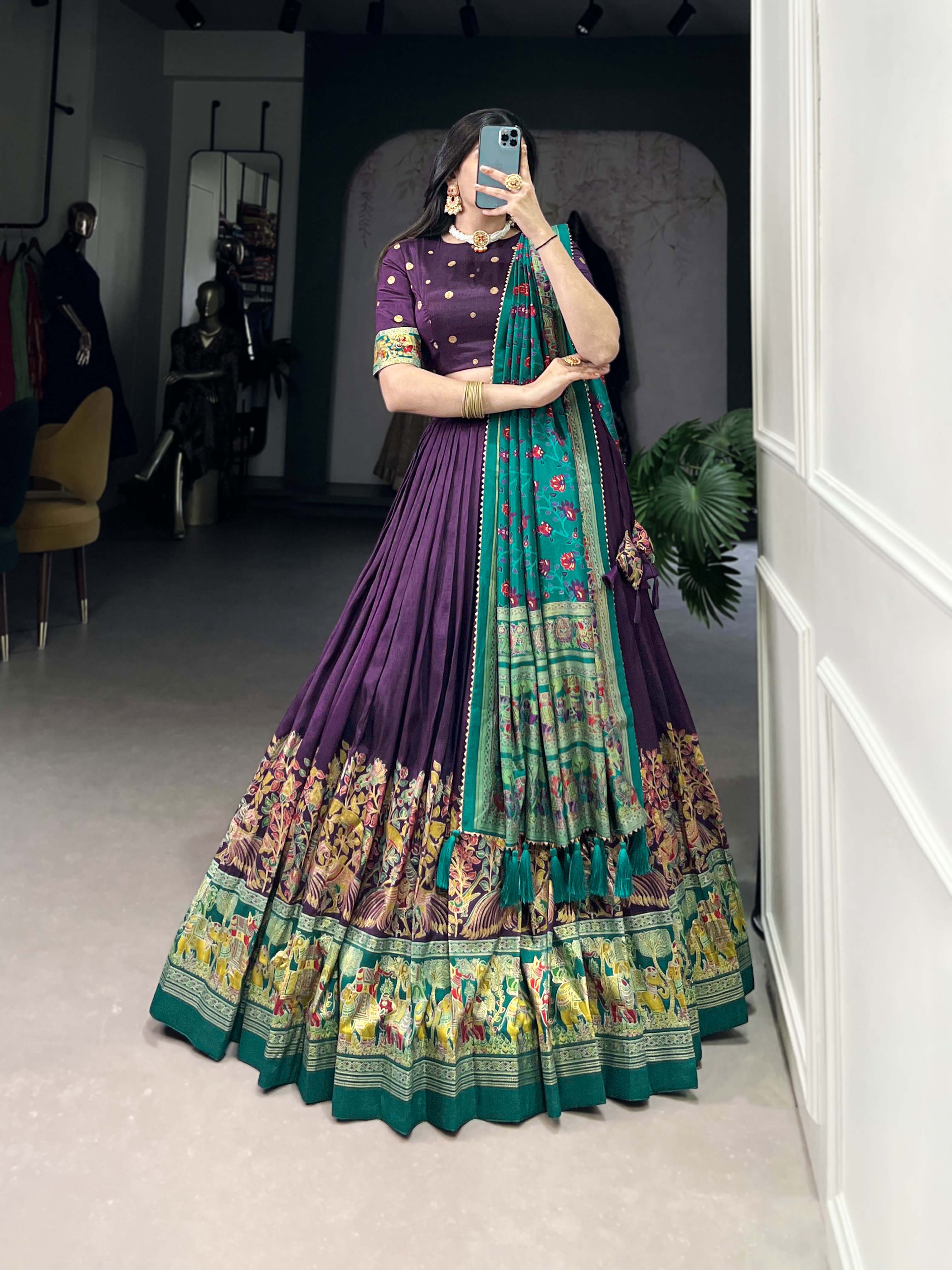 Designer Tussar Silk Lehenga Choli for Navratri | Printed and Foil Work