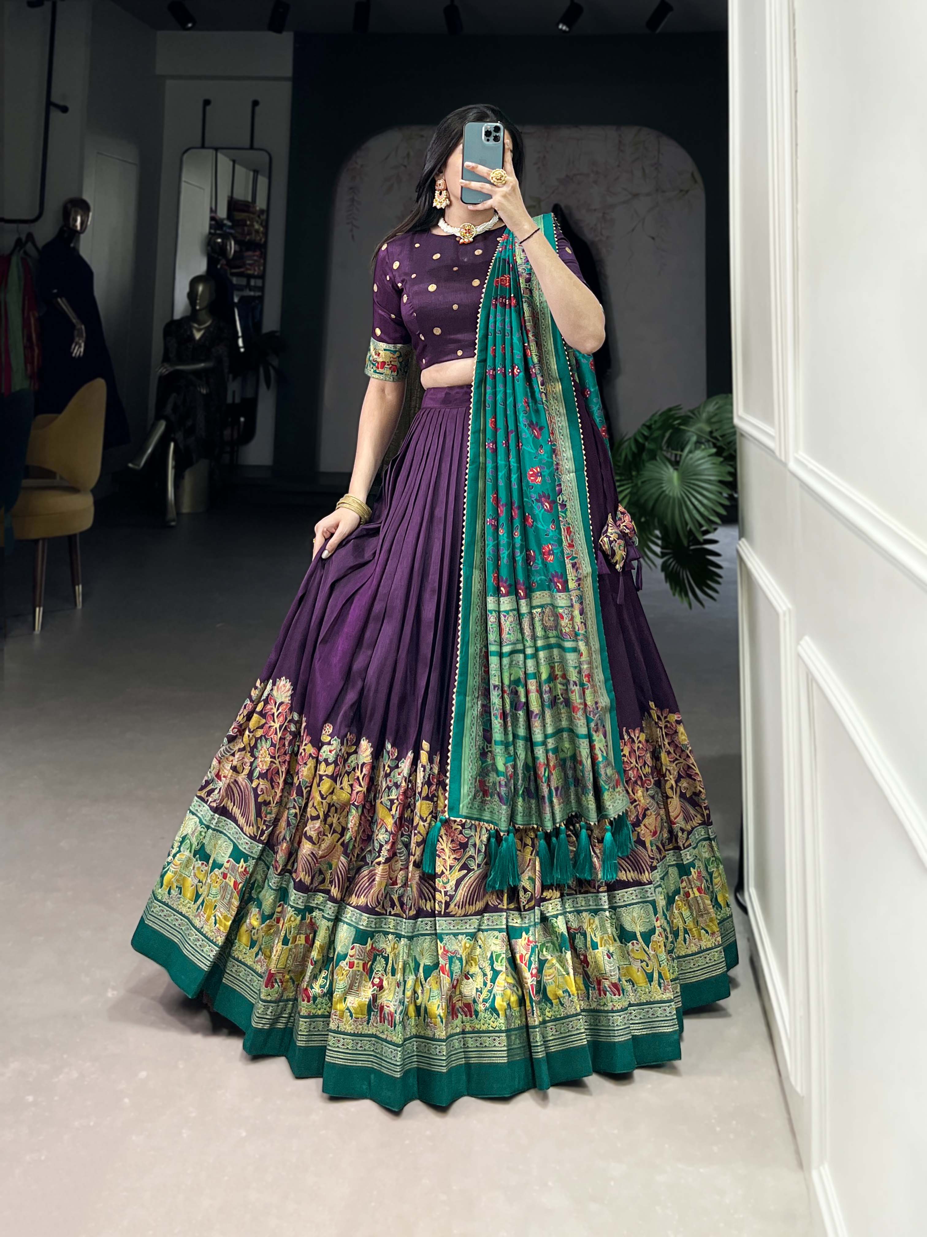 Designer Tussar Silk Lehenga Choli for Navratri | Printed and Foil Work