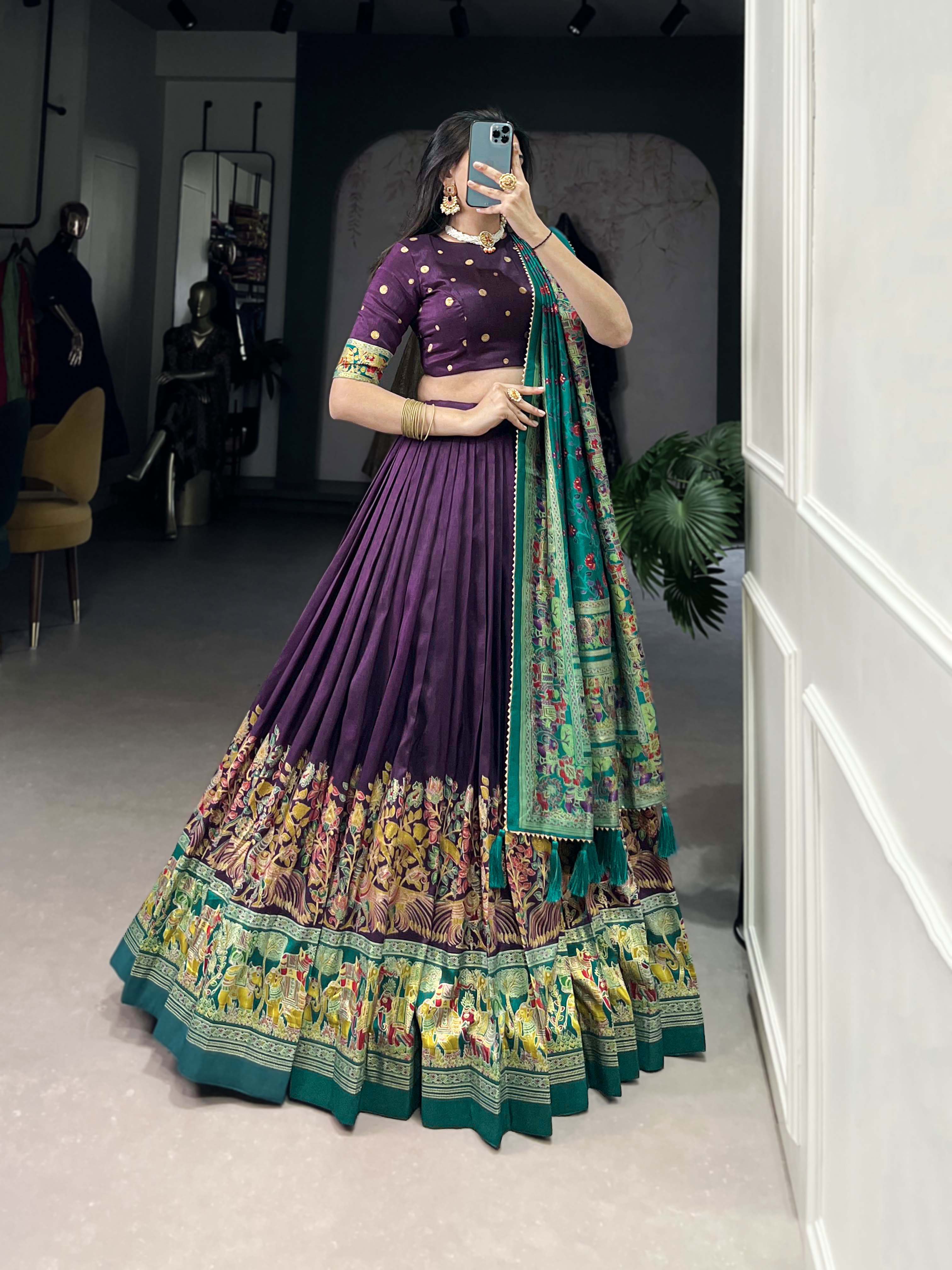 Designer Tussar Silk Lehenga Choli for Navratri | Printed and Foil Work