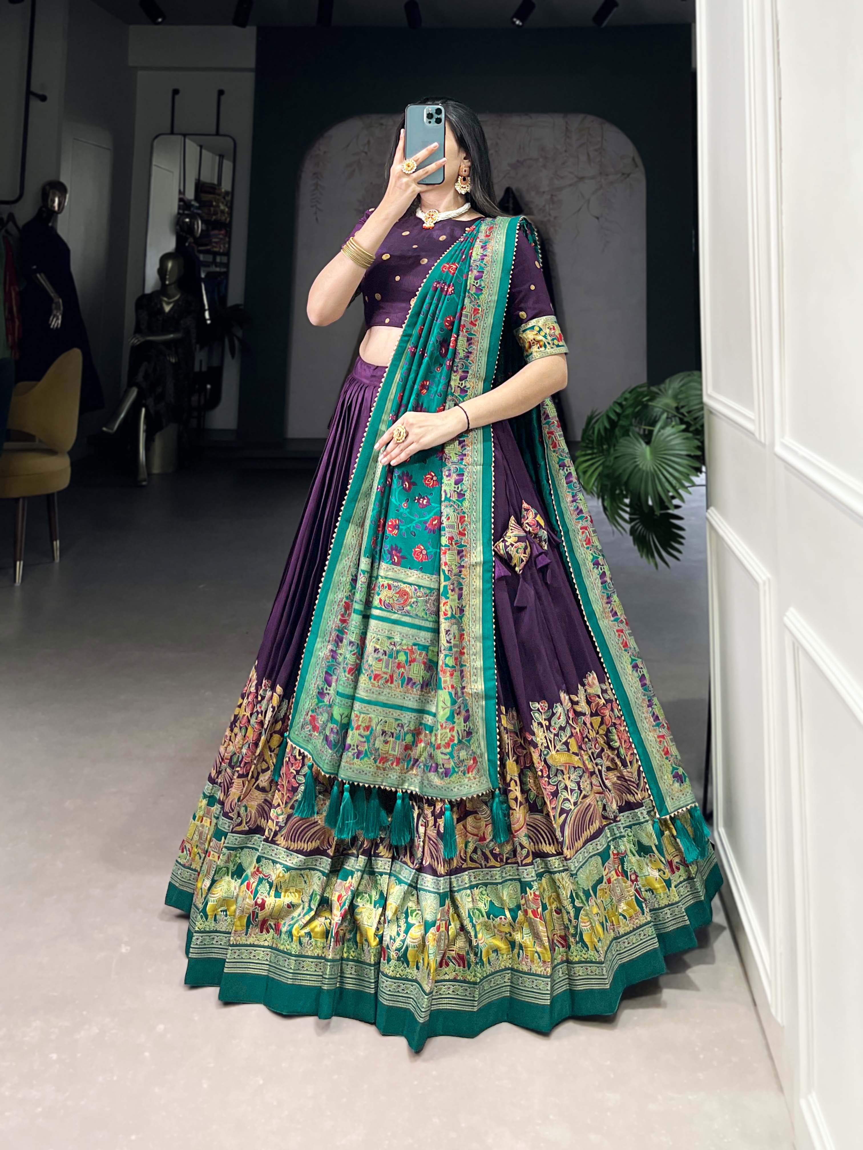 Designer Tussar Silk Lehenga Choli for Navratri | Printed and Foil Work