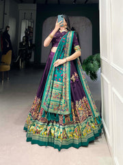 Designer Tussar Silk Lehenga Choli for Navratri | Printed and Foil Work