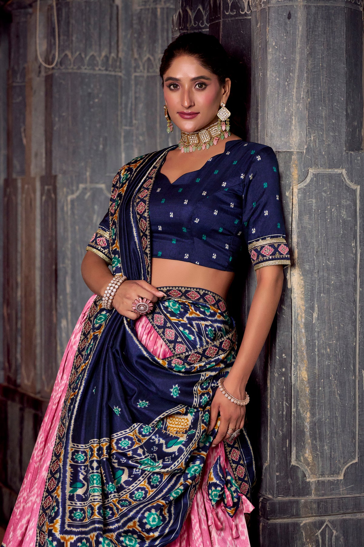 BEAUTIFUL LIGHT PINK SILK IKKAT PRINTED LEHENGA CHOLI WITH DUPATTA