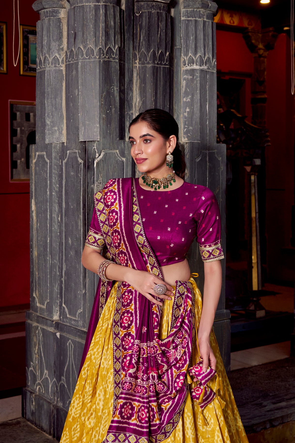 TANTALIZING MUSTARD YELLOW IKKAT PRINTED SILK LEHENGA CHOLI