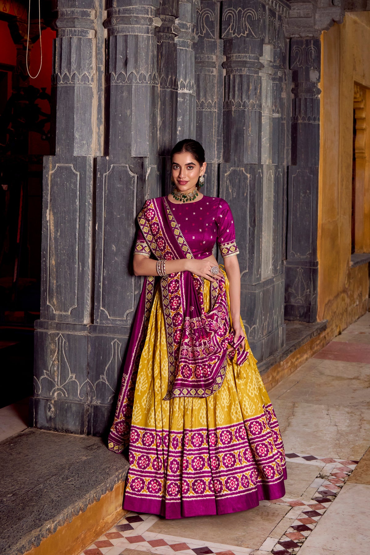 TANTALIZING MUSTARD YELLOW IKKAT PRINTED SILK LEHENGA CHOLI