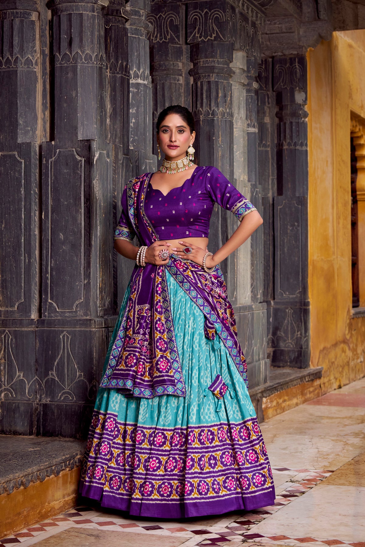 MESMERIZING SKY BLUE SILK IKKAT PRINTED FESTIVAL WEAR LEHENGA CHOLI