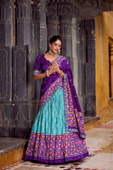 MESMERIZING SKY BLUE SILK IKKAT PRINTED FESTIVAL WEAR LEHENGA CHOLI