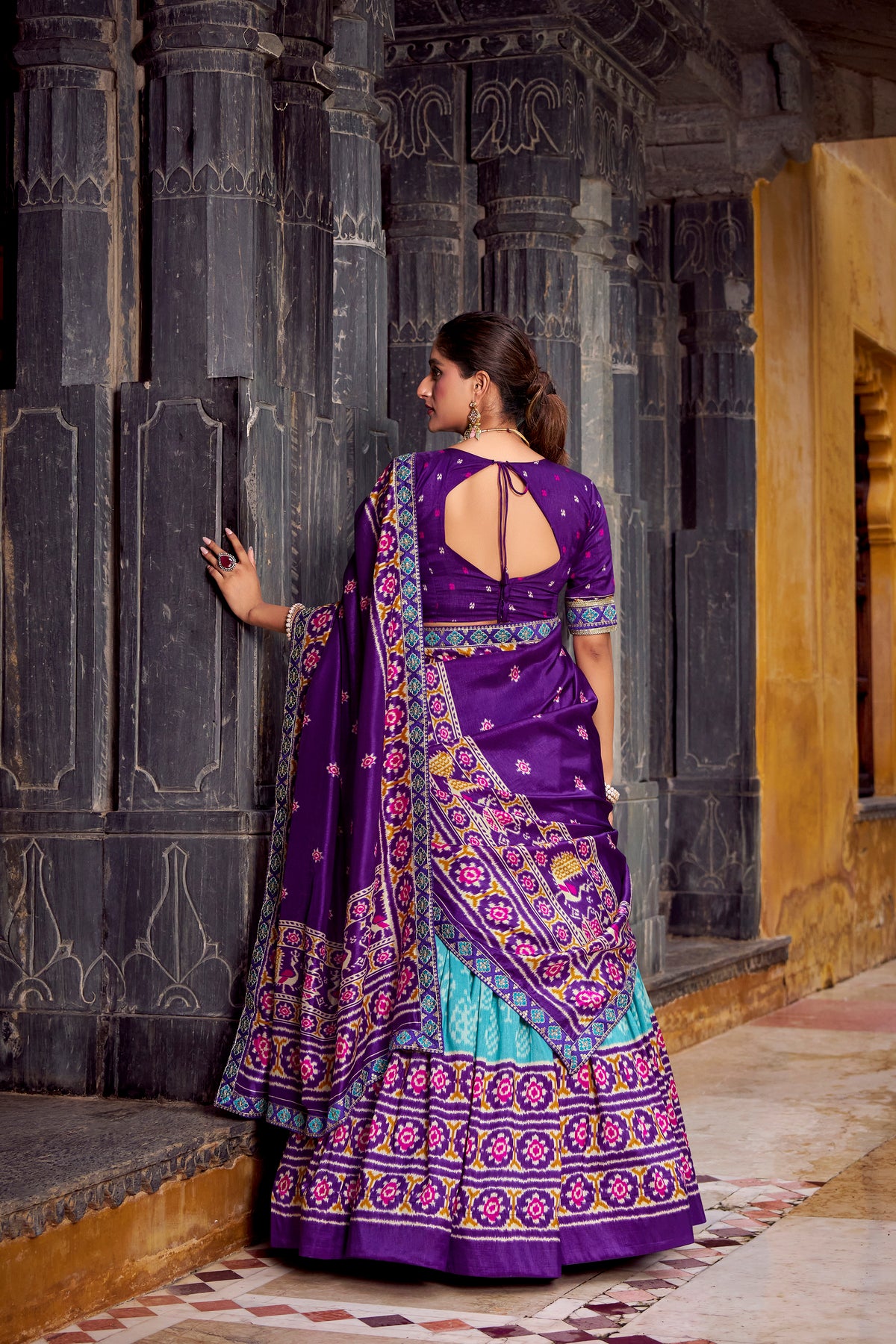 MESMERIZING SKY BLUE SILK IKKAT PRINTED FESTIVAL WEAR LEHENGA CHOLI