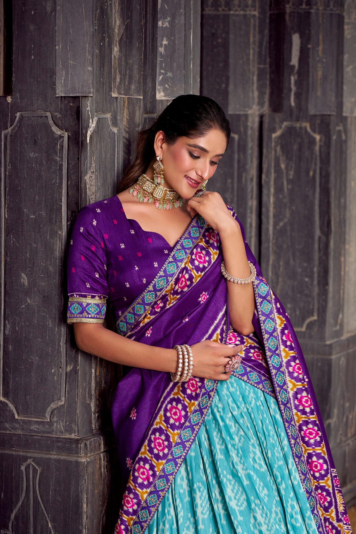 MESMERIZING SKY BLUE SILK IKKAT PRINTED FESTIVAL WEAR LEHENGA CHOLI