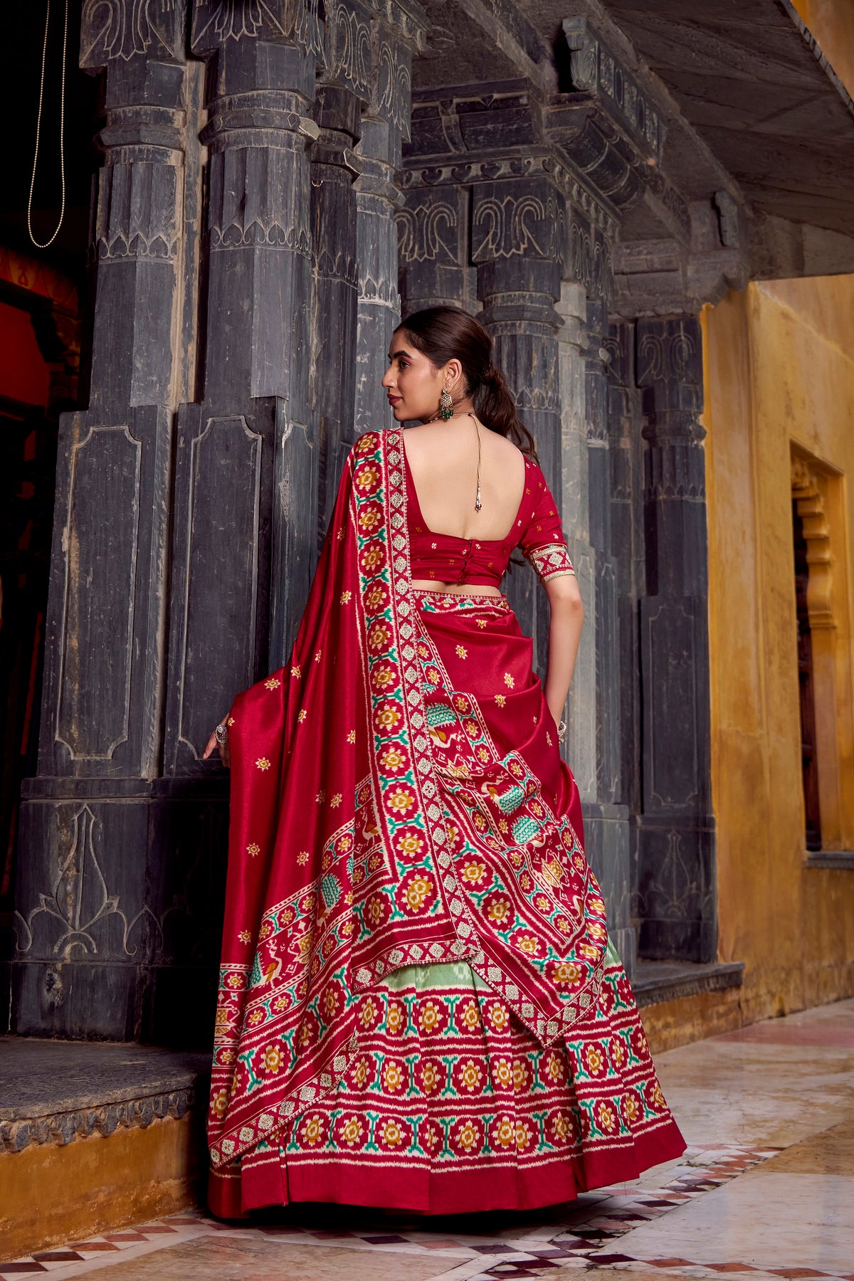 DELICATE SAGE GREEN SILK IKKAT PRINTED TRADITIONAL LEHENGA CHOLI