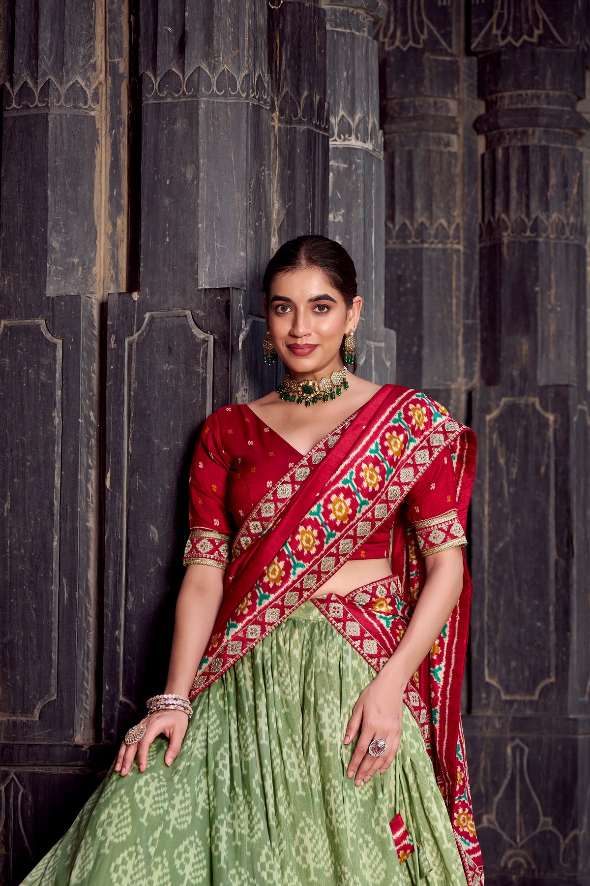 DELICATE SAGE GREEN SILK IKKAT PRINTED TRADITIONAL LEHENGA CHOLI