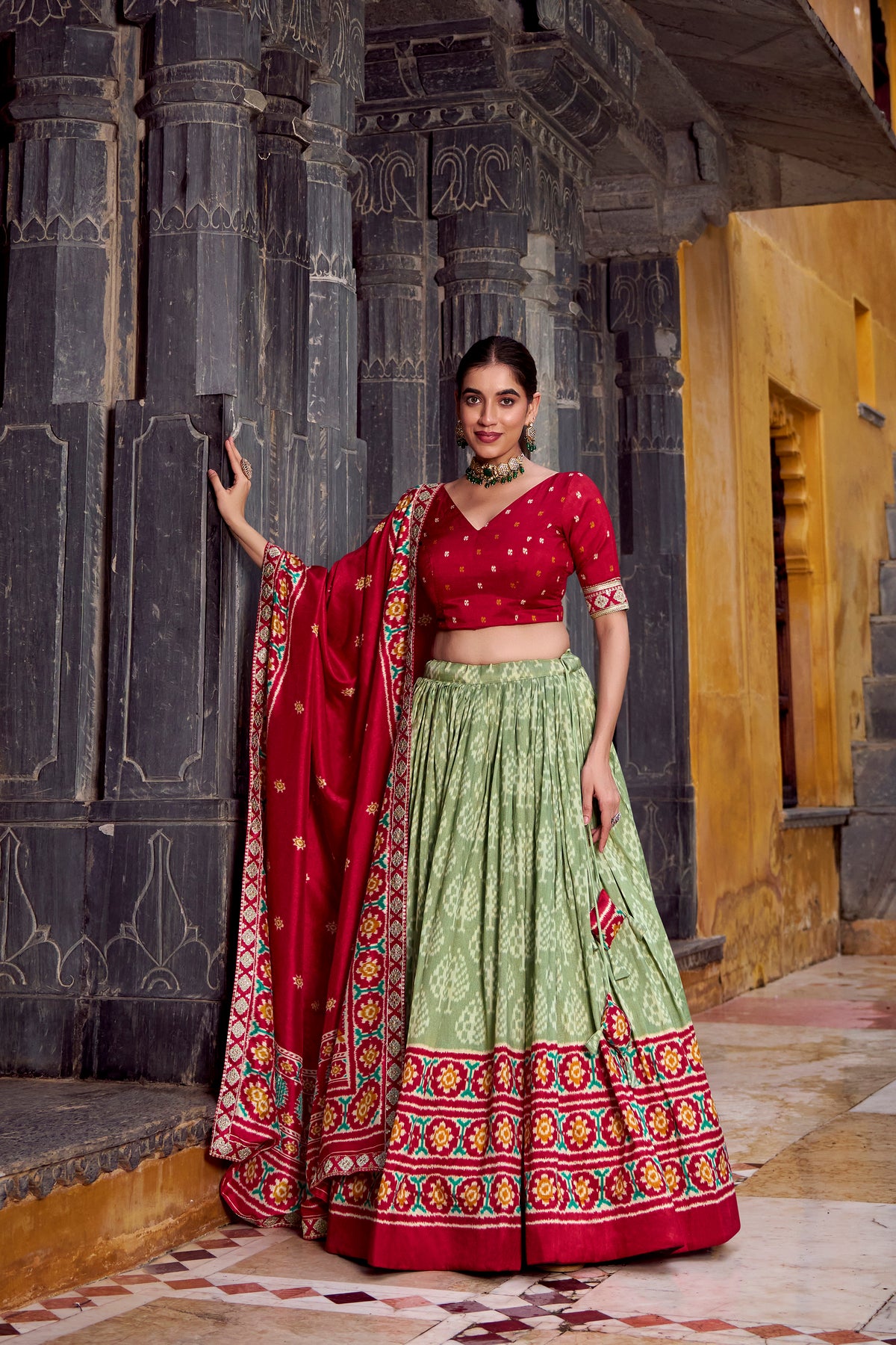 DELICATE SAGE GREEN SILK IKKAT PRINTED TRADITIONAL LEHENGA CHOLI