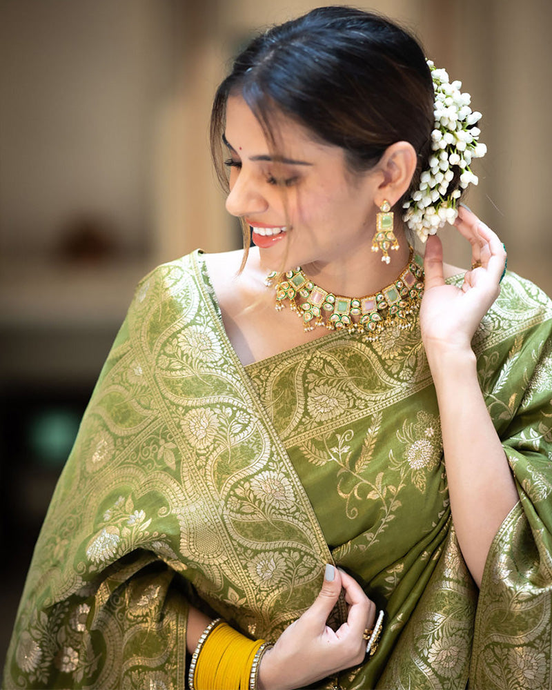 NEMESIS MEHNDI SOFT SILK SAREE WITH SERENDIPITY BLOUSE PIECE
