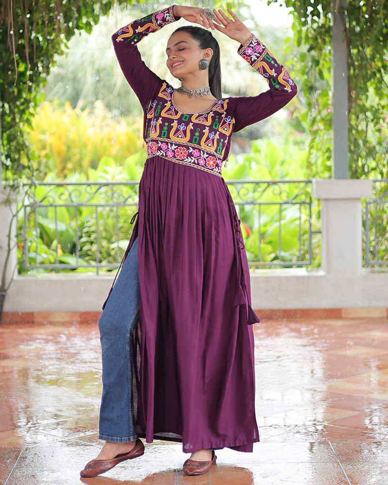 Designer Wine Color Rayon Gamthi Work Navratri Kurti