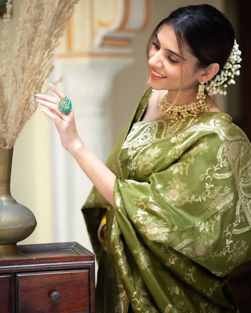 NEMESIS MEHNDI SOFT SILK SAREE WITH SERENDIPITY BLOUSE PIECE