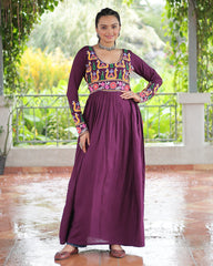 Designer Wine Color Rayon Gamthi Work Navratri Kurti