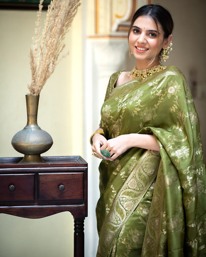 NEMESIS MEHNDI SOFT SILK SAREE WITH SERENDIPITY BLOUSE PIECE