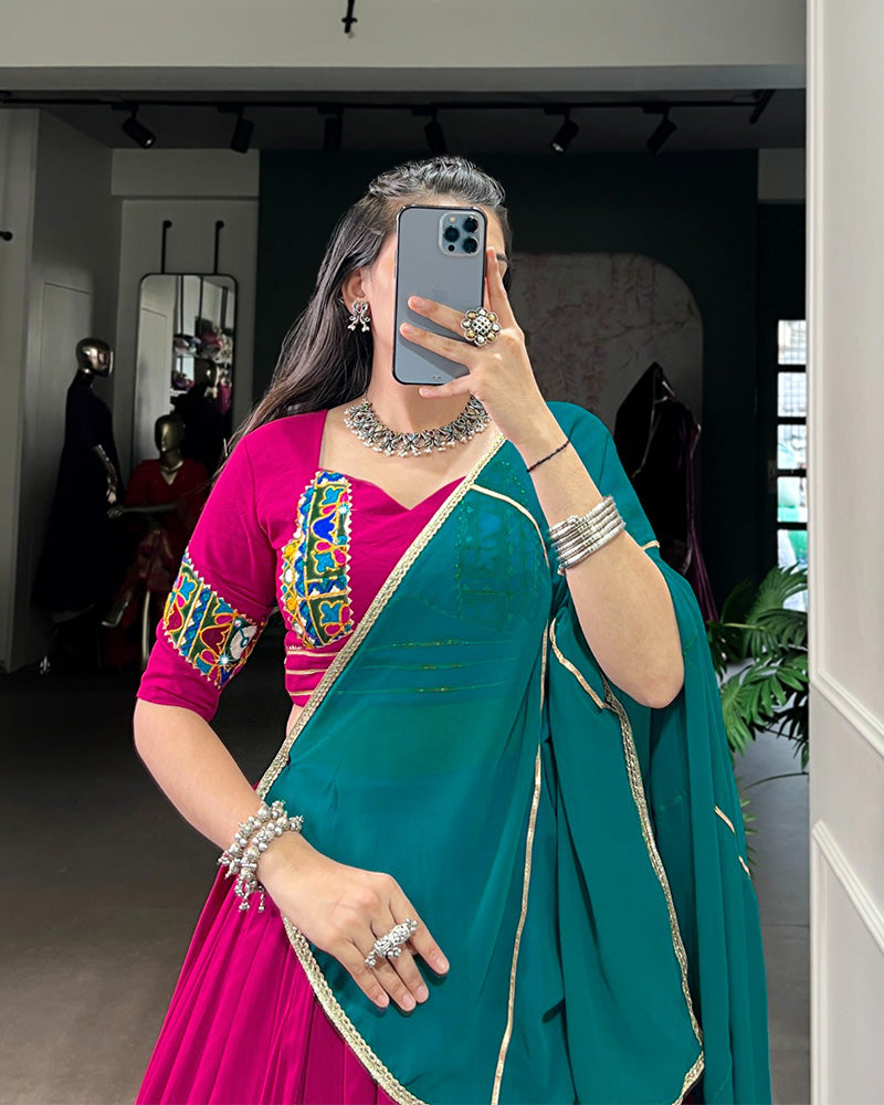 ELEGANT PINK COLOR RAYON LEHENGA CHOLI WITH COLORFUL GAMTHI PATCH