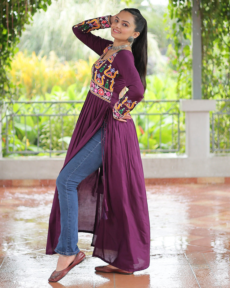 Designer Wine Color Rayon Gamthi Work Navratri Kurti