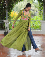 Designer Parrot Green Color Rayon Gamthi Work Navratri Kurti