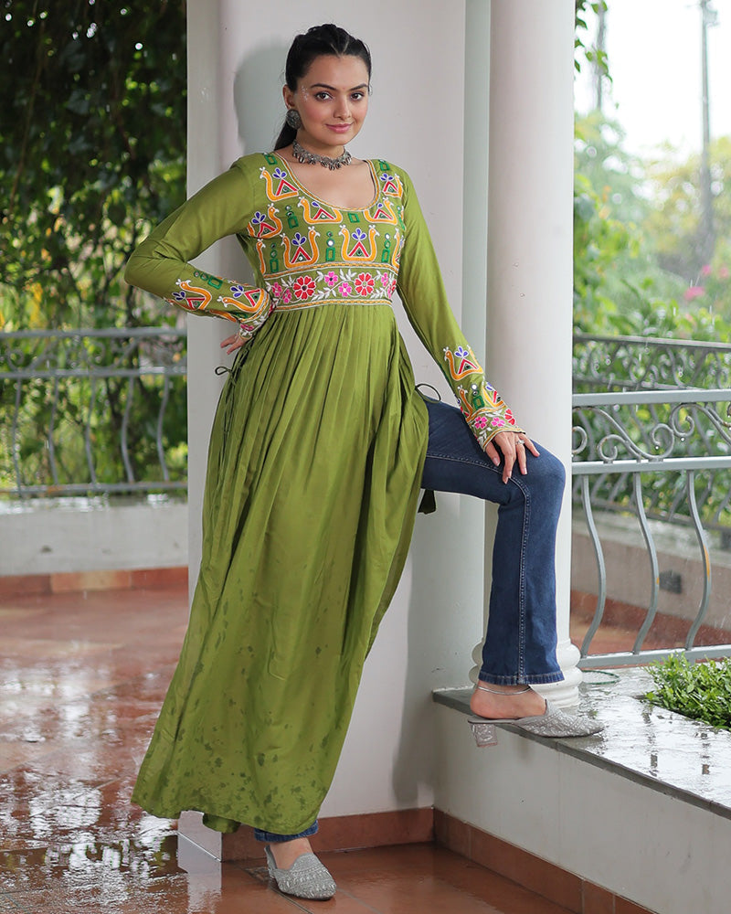 Designer Parrot Green Color Rayon Gamthi Work Navratri Kurti