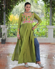Designer Parrot Green Color Rayon Gamthi Work Navratri Kurti