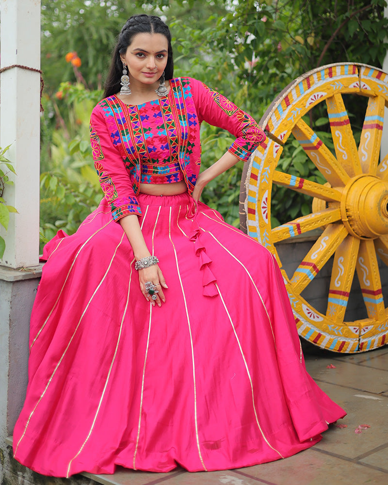 Elegant Pink Mirror Work Navratri Lehenga With Jacket Style Blouse