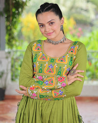 Designer Parrot Green Color Rayon Gamthi Work Navratri Kurti