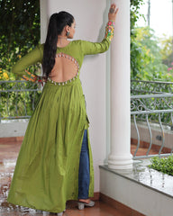Designer Parrot Green Color Rayon Gamthi Work Navratri Kurti