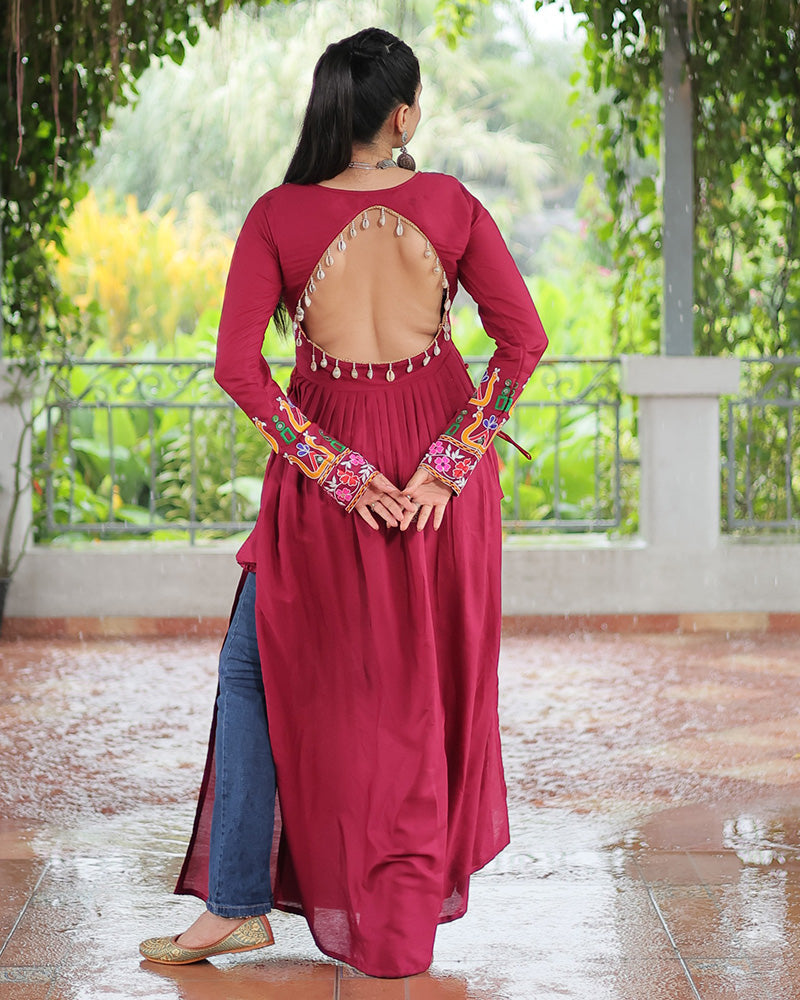 Designer Red Color Rayon Gamthi Work Navratri Kurti