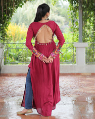 Designer Red Color Rayon Gamthi Work Navratri Kurti
