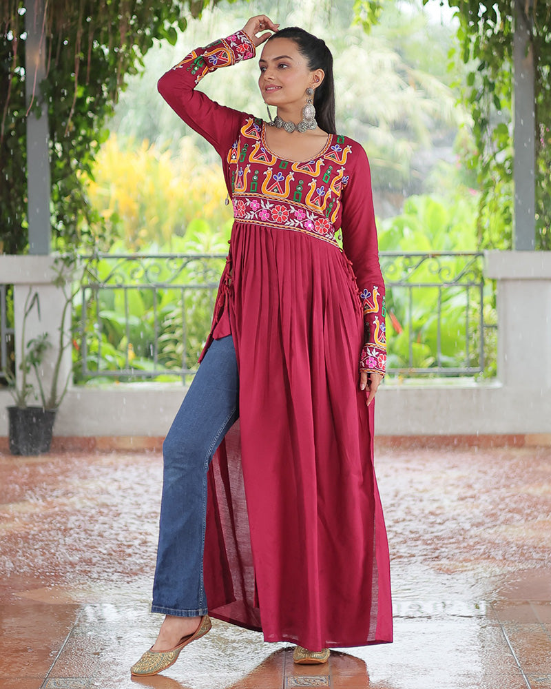 Designer Red Color Rayon Gamthi Work Navratri Kurti