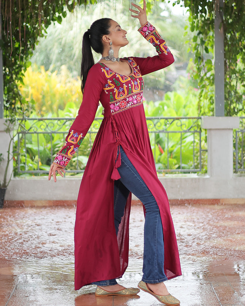 Designer Red Color Rayon Gamthi Work Navratri Kurti