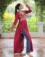 Designer Red Color Rayon Gamthi Work Navratri Kurti