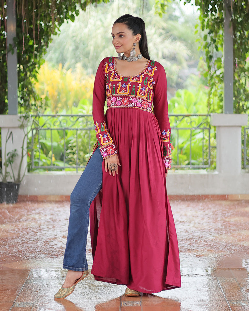 Designer Red Color Rayon Gamthi Work Navratri Kurti