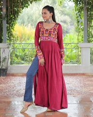 Designer Red Color Rayon Gamthi Work Navratri Kurti