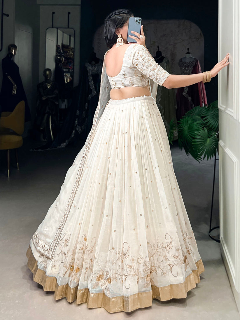 Enchanting Off-White Foil Work Silk Festive Wear Lehenga Choli With Dupatta