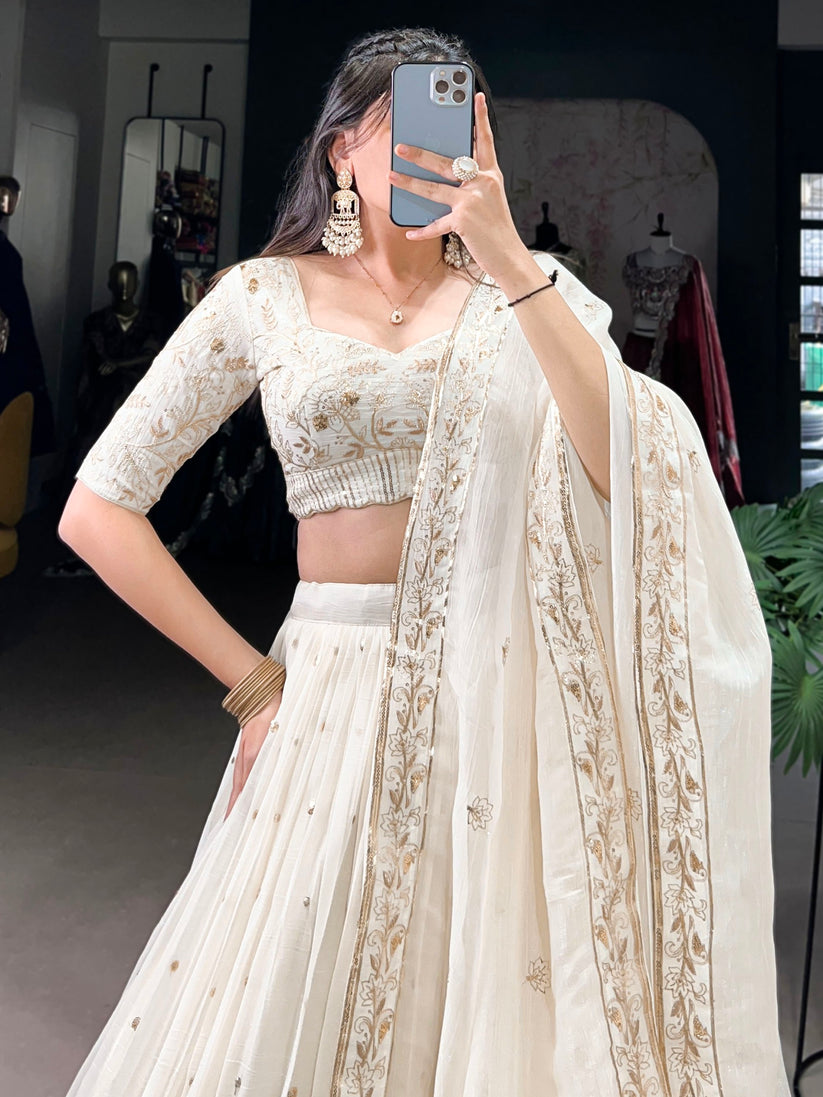 Enchanting Off-White Foil Work Silk Festive Wear Lehenga Choli With Dupatta