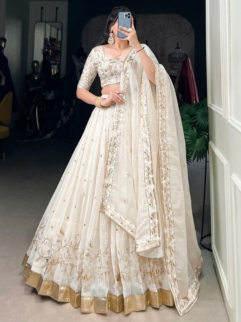 Enchanting Off-White Foil Work Silk Festive Wear Lehenga Choli With Dupatta