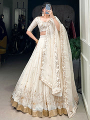 Enchanting Off-White Foil Work Silk Festive Wear Lehenga Choli With Dupatta