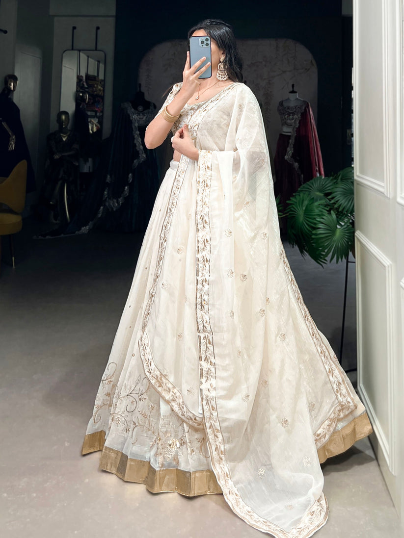 Enchanting Off-White Foil Work Silk Festive Wear Lehenga Choli With Dupatta